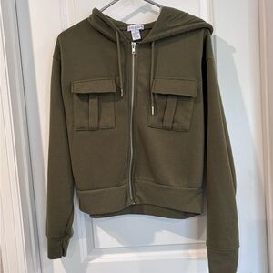 Olive Green Zip-Up Cropped Hoodie Jacket